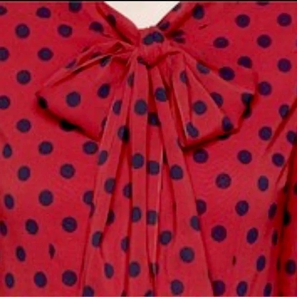 St John Silk Polka Dot Blouse Neck Tie Red Blue Size 12 - Picture 7 of 16